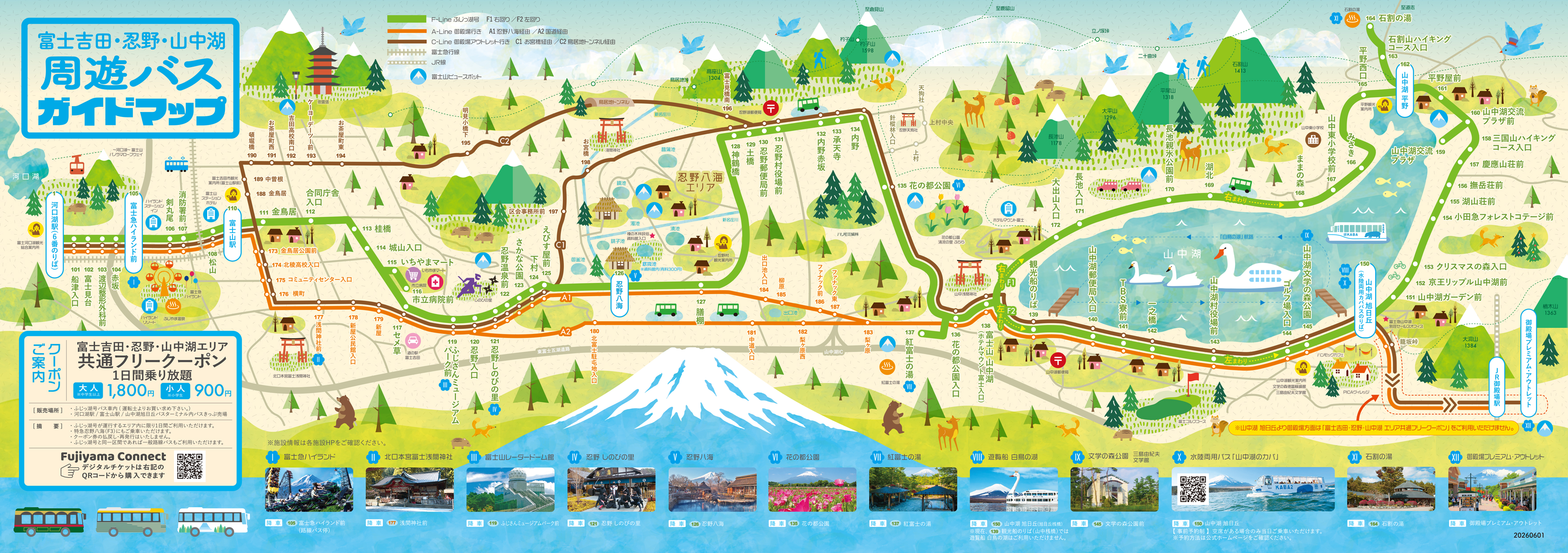 富士吉田・忍野・山中湖周遊バス「ふじっ湖号」 路線図