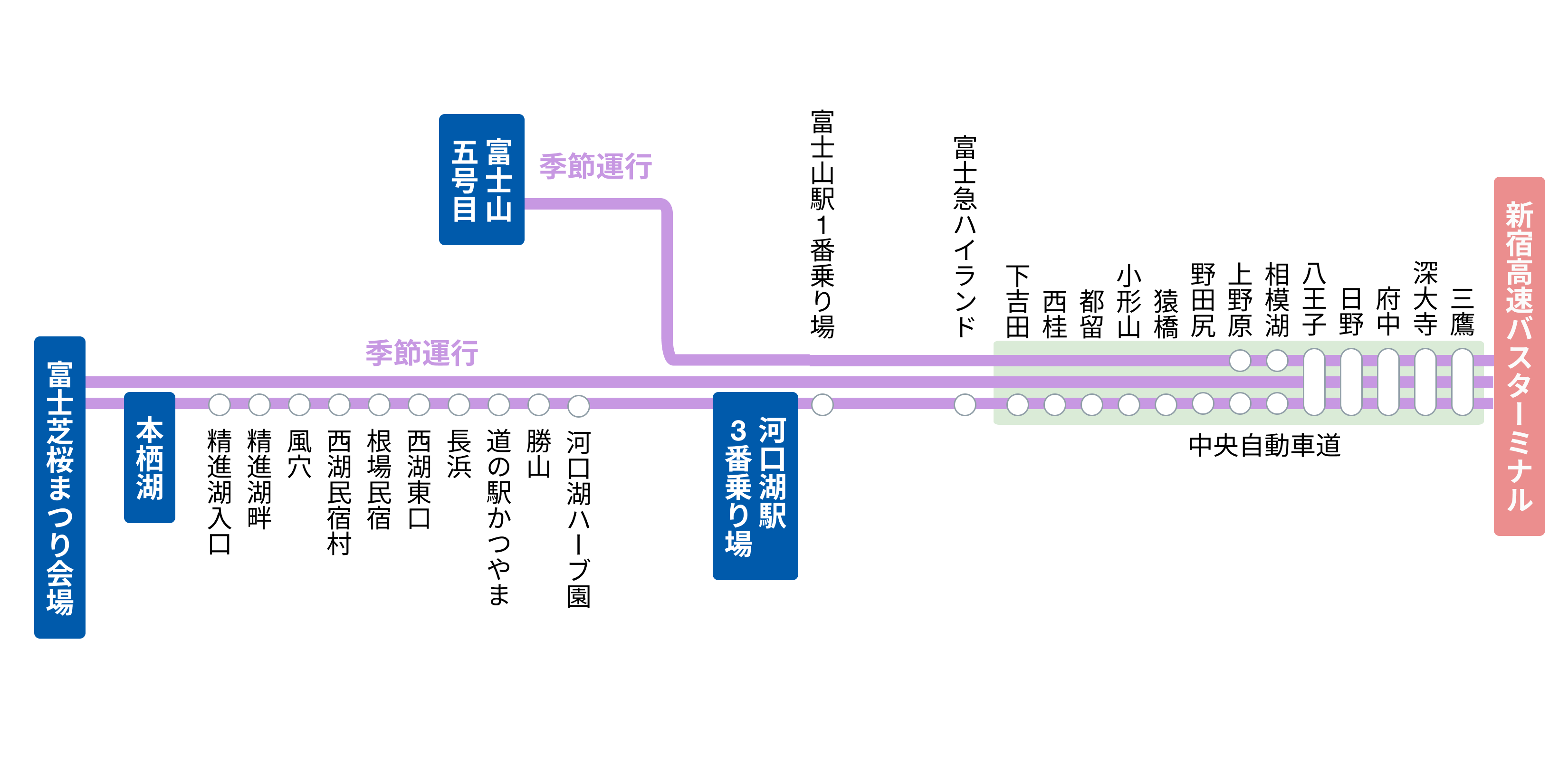 新宿駅～富士急ハイランド・河口湖駅・富士スバルライン五合目・芝桜まつり会場方面 路線図