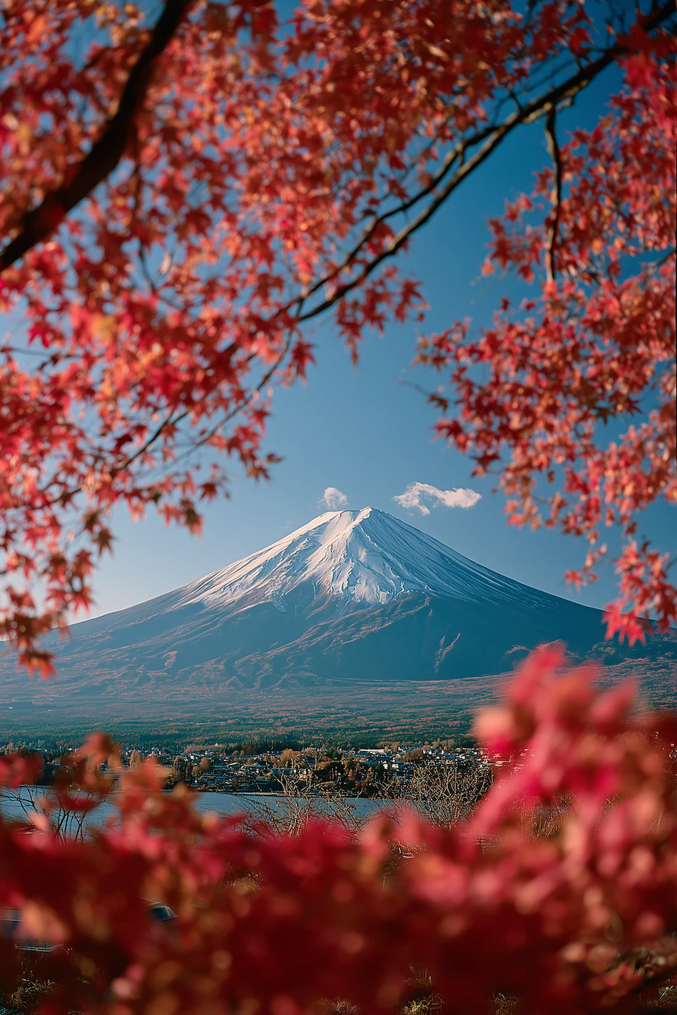 Real photograph of Mount Fuji framed by red autumn maple leaves in Japan